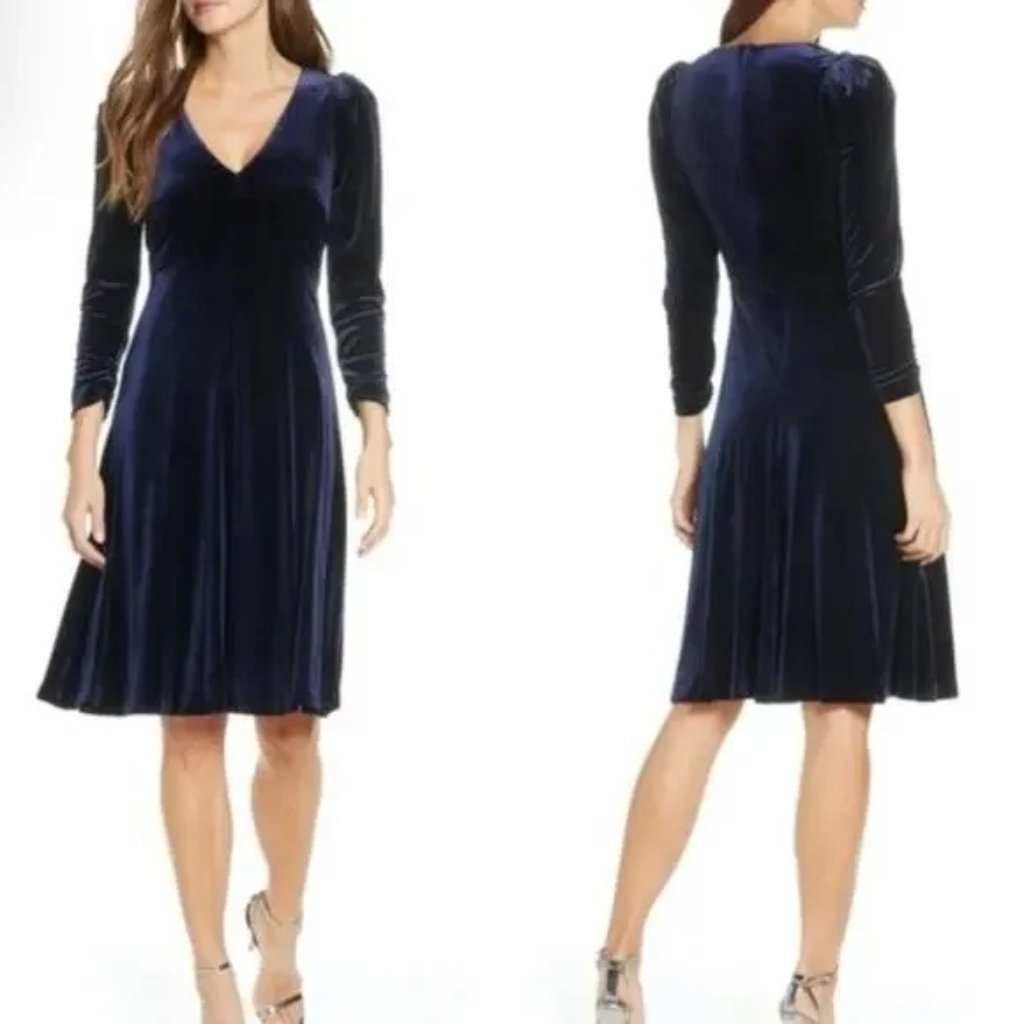New Eliza J Navy Blue Velvet Long Sleeve Midi Dress 8 V Neck Formal